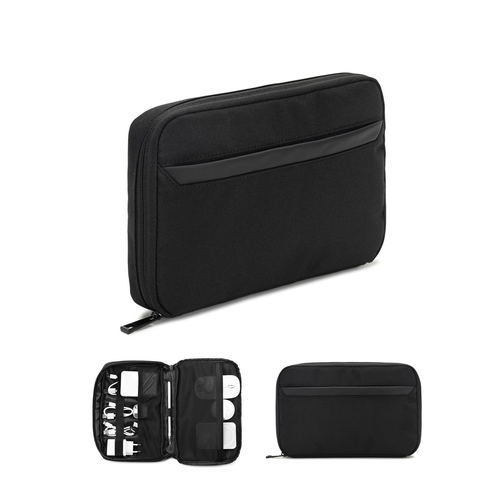 YANGON. Bolsa organizadora espaçosa para acessórios tecnológicos em poliéster reciclado 600D twill