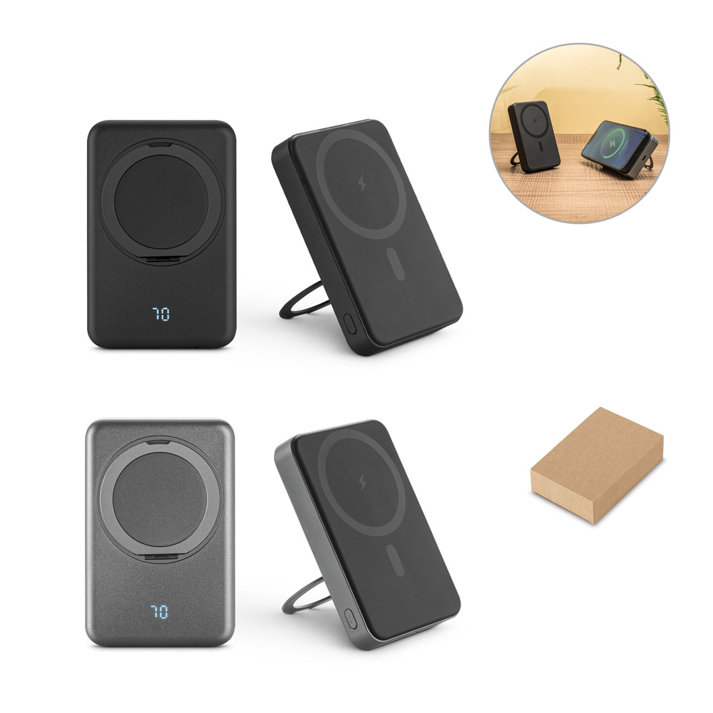 WARSHEL 10. Bateria portátil magnética em ABS 100% reciclado com suporte, carregador por indução (wireless) super-rápido 15W e capacidade de 10'000 mAh