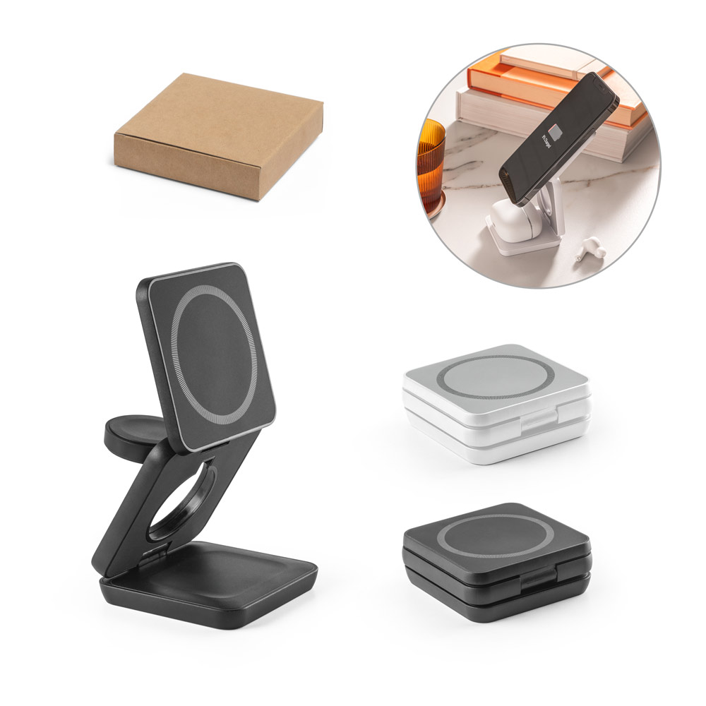 BROGLIE. Carregador magnético por indução (wireless) super-rápido dobrável em ABS 100% reciclado que permite carregar três dispositivos simultaneamente
