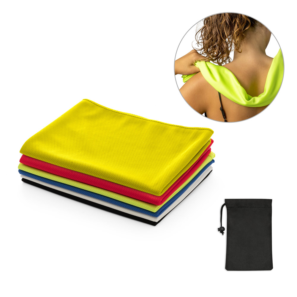 Toalha esportiva refrescante em poliéster 100% reciclado com bolsa em non-woven